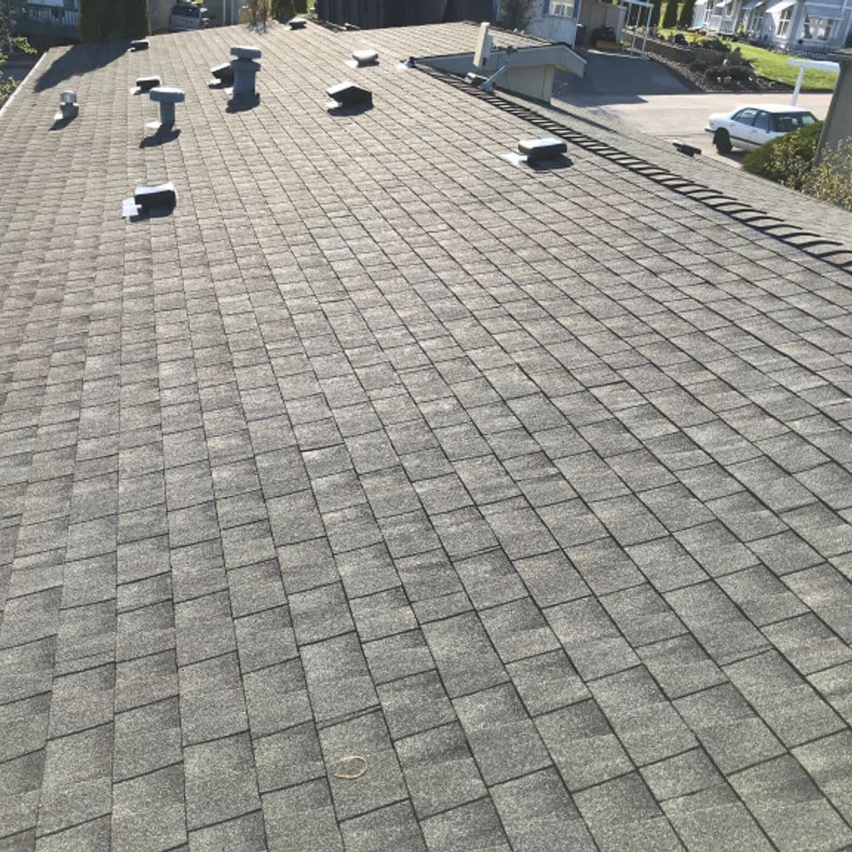 Gray asphalt shingle roof with ventilation pipes and clear sky in the background.