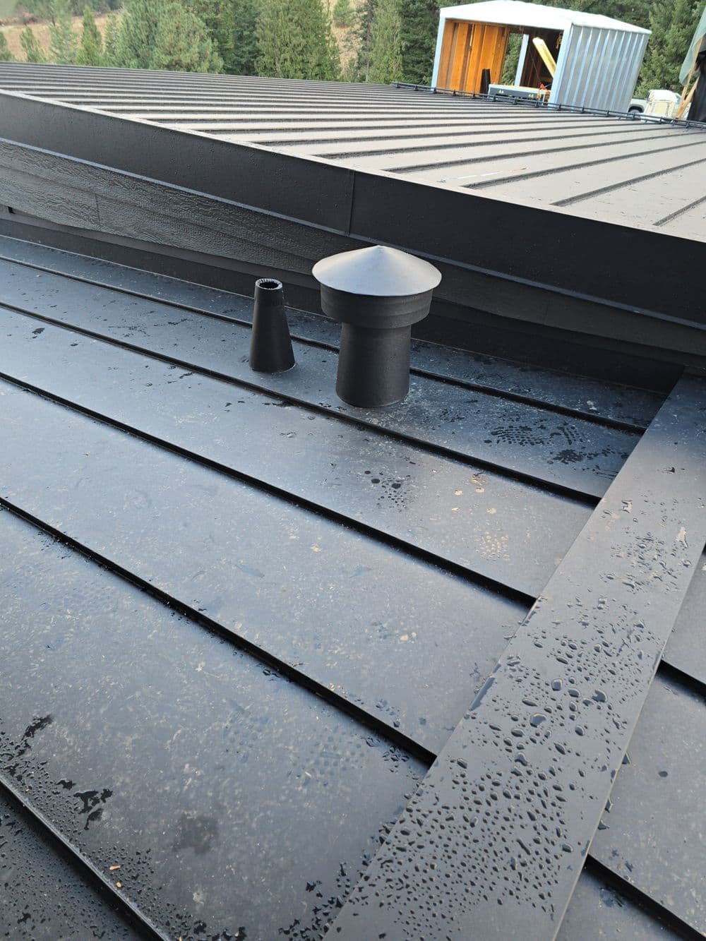 Black metal roof with plumbing vent pipe and kitchen exhaust flashing, surrounded by dew droplets.